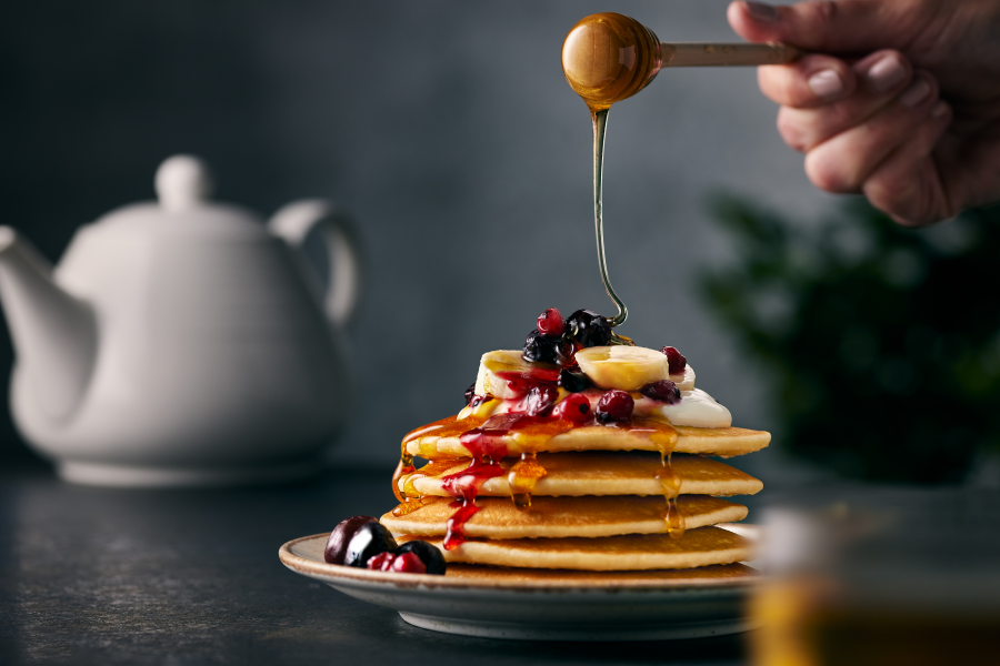bar and block breakfast pancakes with fruit