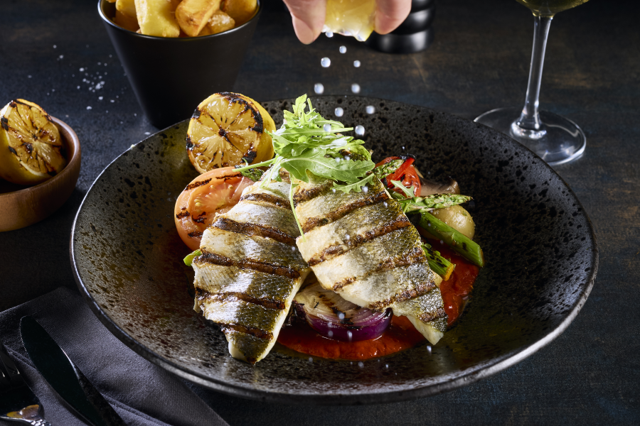 bar + block Chargrilled Sea Bass Fillets on plate