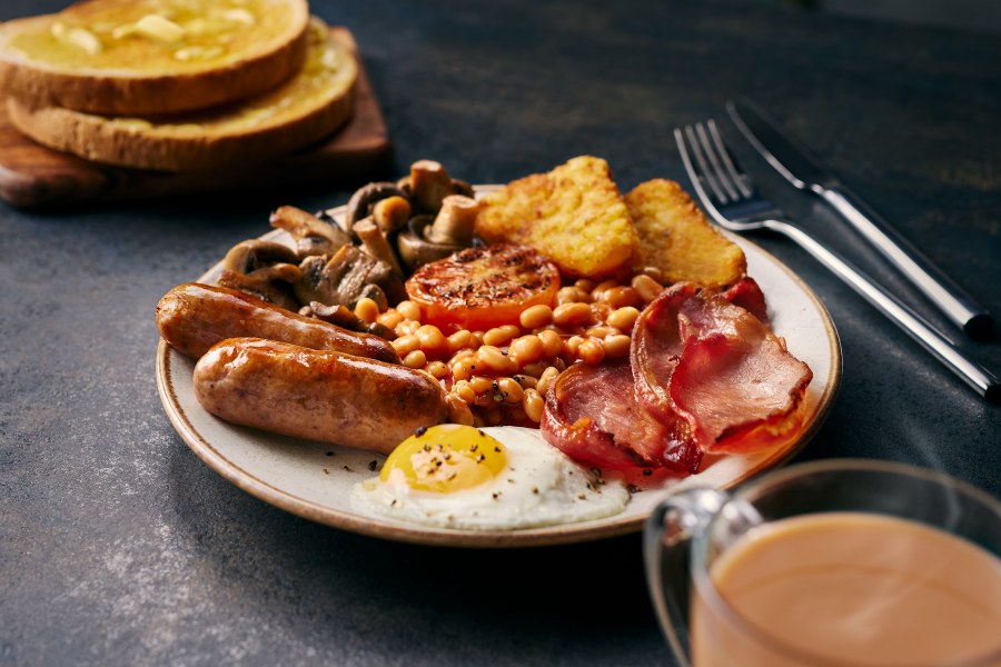 bar + block full english breakfast on plate